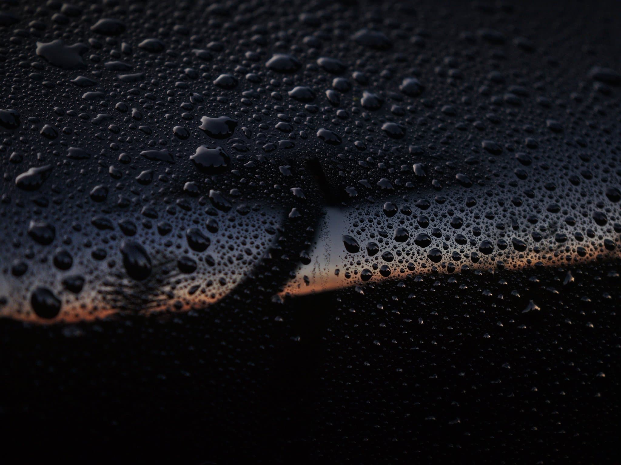 Water beading on ceramic-coated black paint at sunset