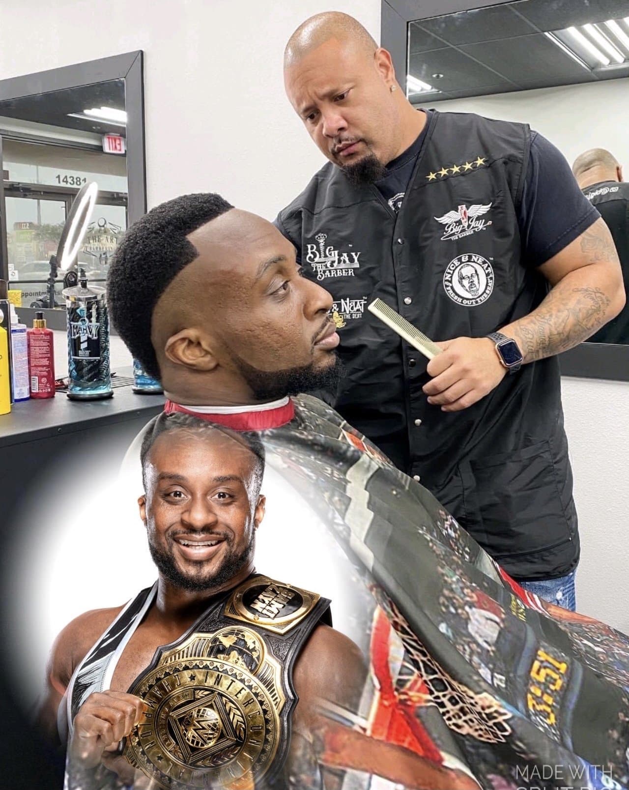 Big Jay the Barber cutting WWE superstar Big E