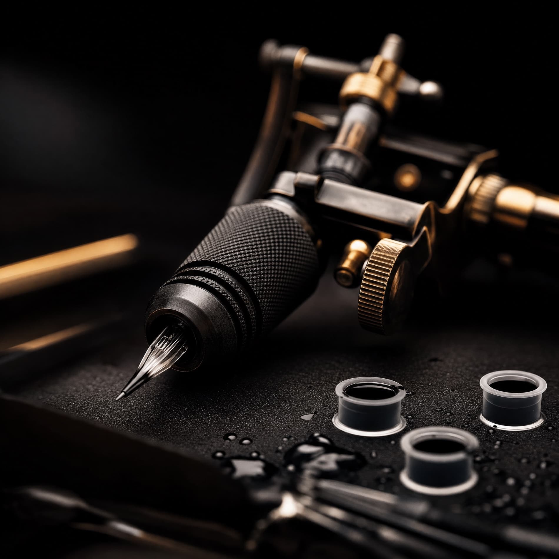 Macro detail of a gold and black tattoo machine on a dark workstation