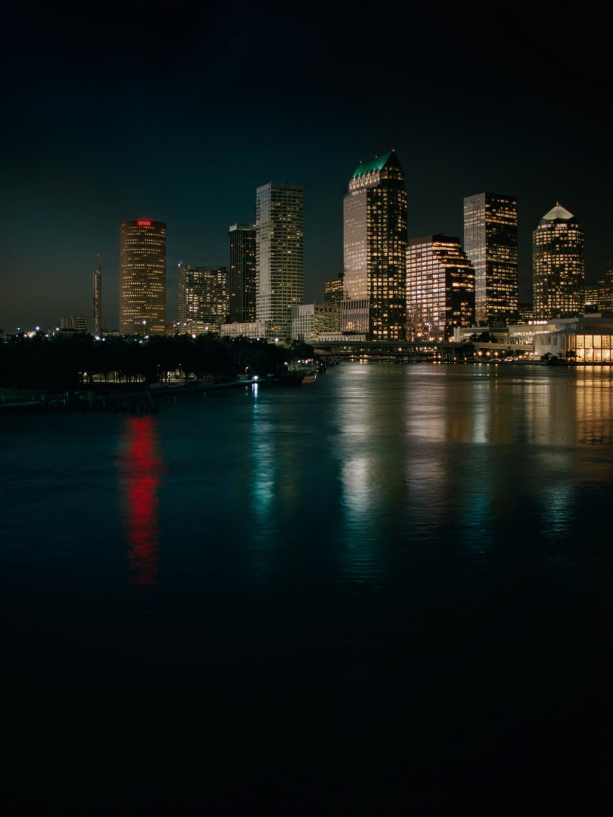 The downtown Tampa skyline at night reflected across the water