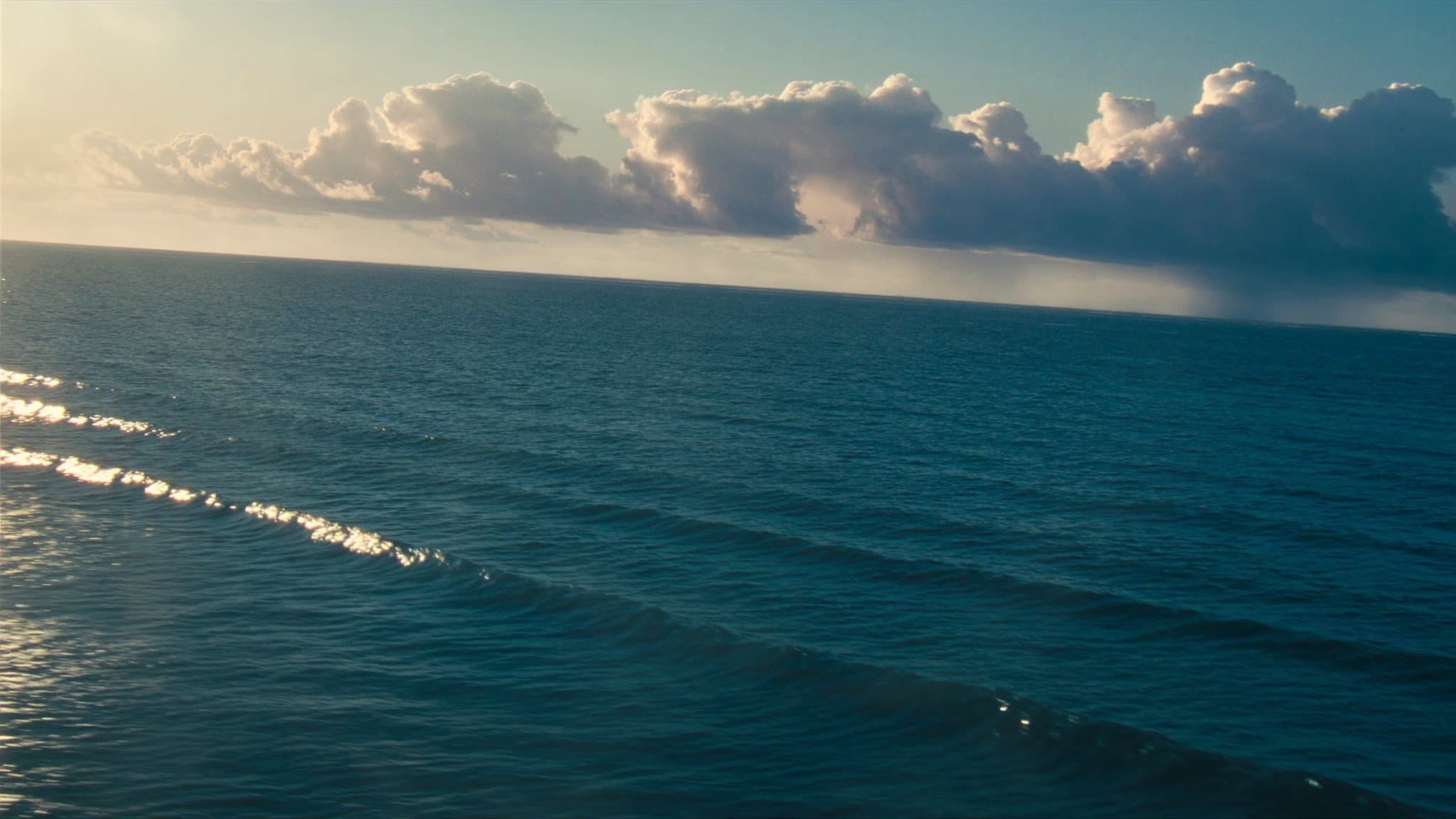 Deep blue open Gulf of Mexico water running to the horizon under towering clouds