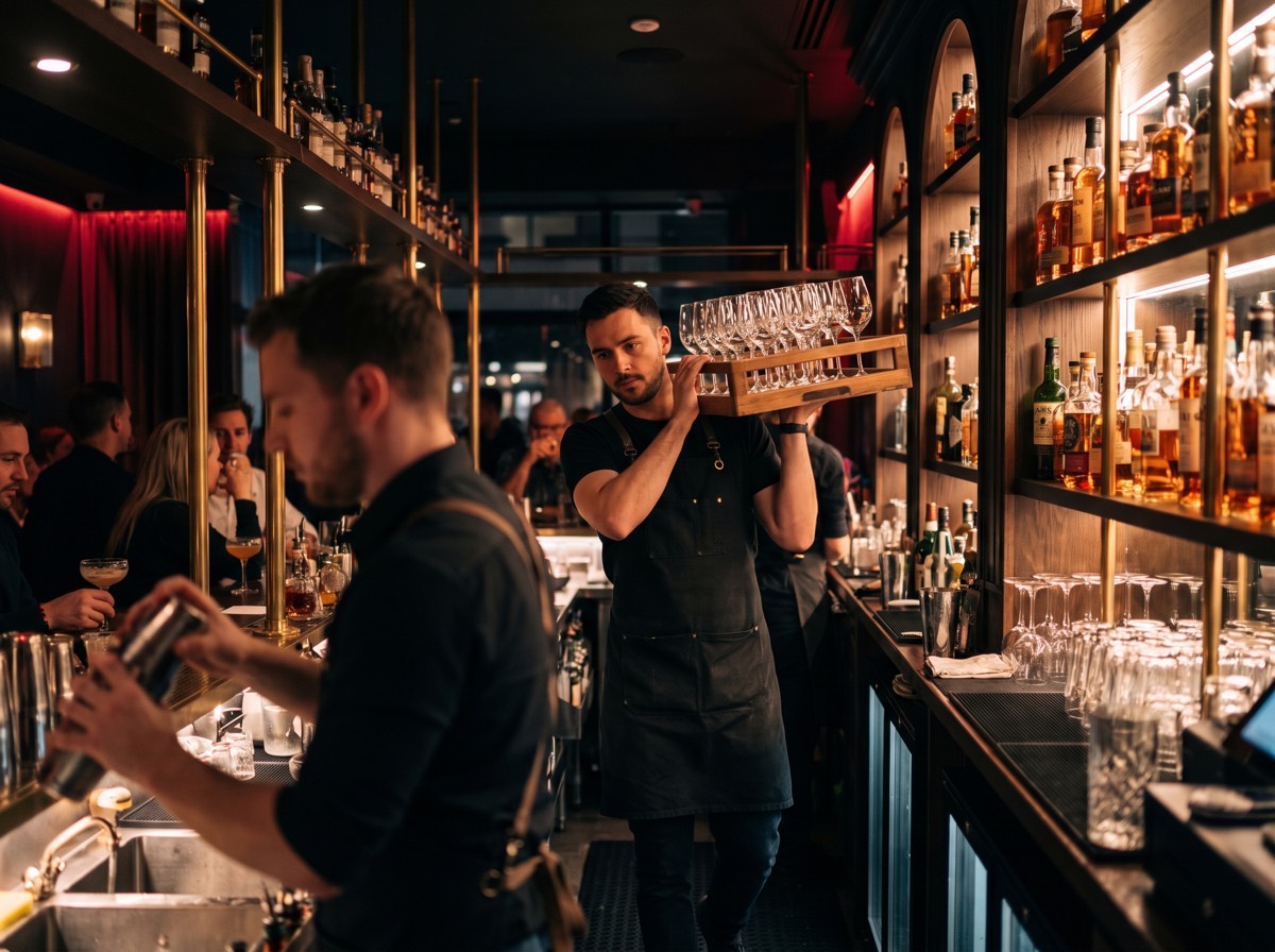 Bar back carrying a rack of clean glassware behind a busy cocktail bar