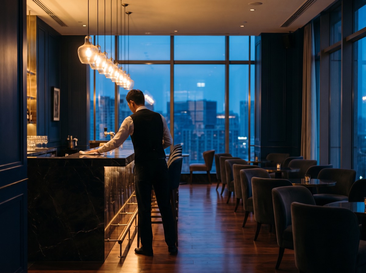 Staff member wiping down the bar in an empty upscale lounge before opening
