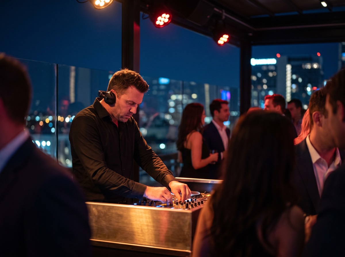 DJ at the booth of a rooftop lounge with city lights and guests behind him