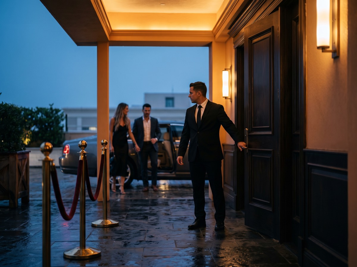 Doorman in a black suit holding the venue door as a couple arrives, brass stanchions and red velvet rope in front