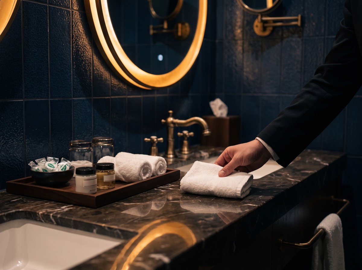 Attendant placing a folded towel on a black marble restroom vanity beside an amenities tray