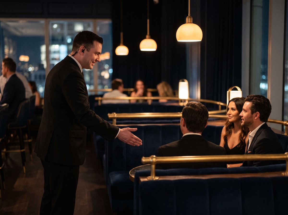 Usher in a black suit with an earpiece guiding guests to a navy velvet booth in an upscale lounge
